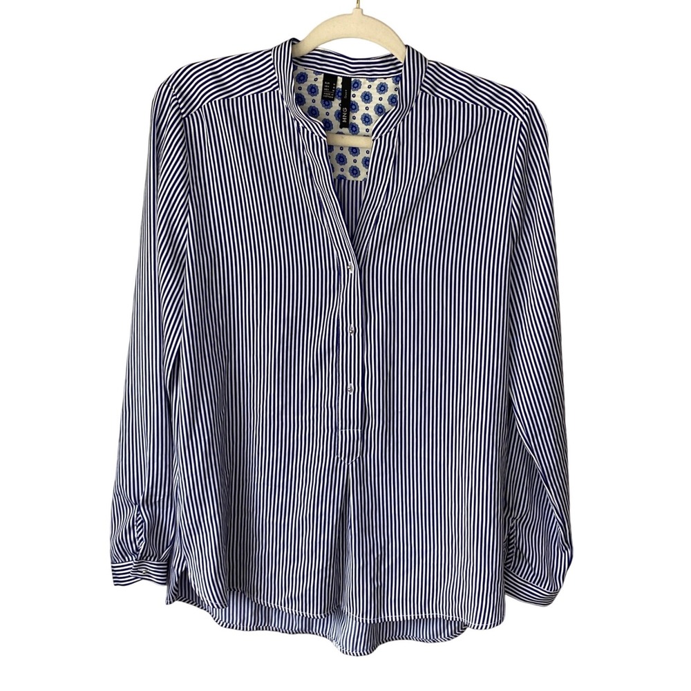Mango MNG Suit Navy White Striped V-Neck Blouse Mandarin Collar Size 6